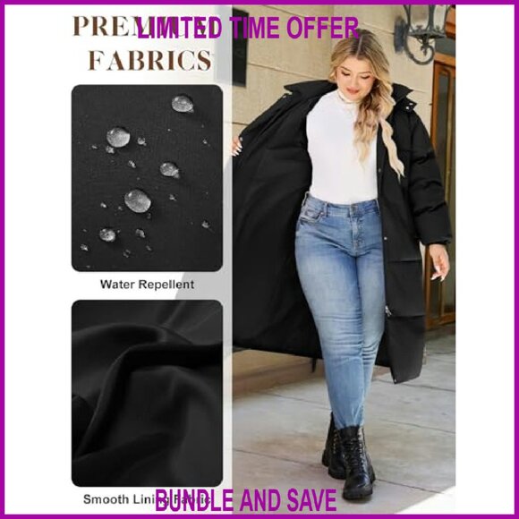 Plus Size Knee Length Winter Coat Windproof Fleece Lined Hooded Jacket - Picture 5 of 8